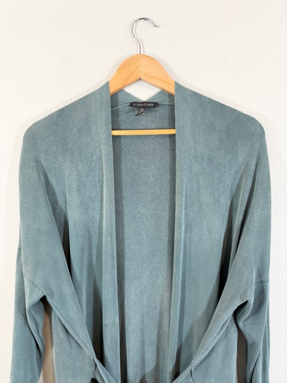 Eileen Fisher Belted Longline Cardigan Wrap XL Teal Blue Minimalist Casual - Picture 2 of 10